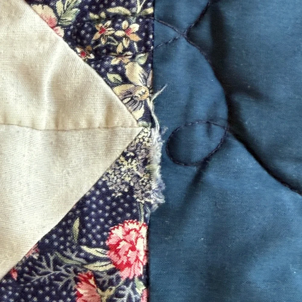 Vintage Handmade Star Patchwork Quilt Navy Pink Floral 100x101 King Queen 1999